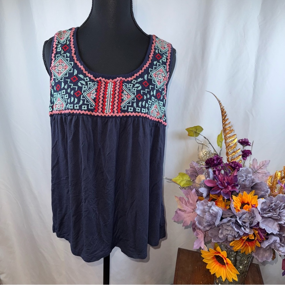 Skies Are Blue Boho Embroidered Tank Top Navy Blue Sleeveless Crochet Back